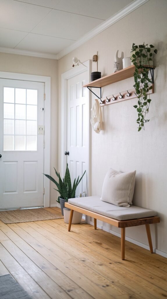 A minimalist Japandi entryway with light textured walls, a white door, a wooden shelf with black metal supports and hooks, a hanging plant, decorative items on the shelf, a long natural wood bench with a striped cushion, and a potted snake plant on light wooden floors.