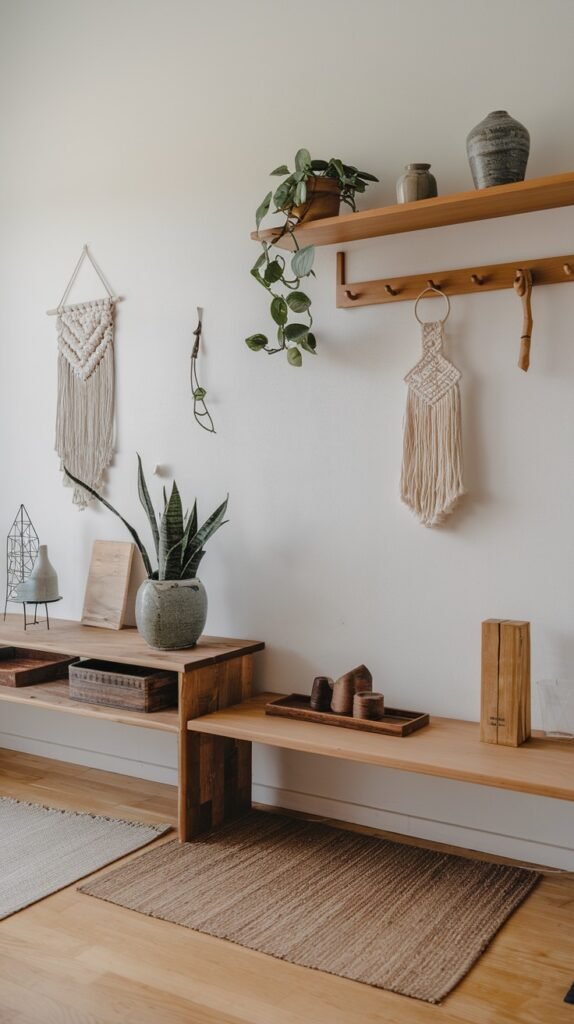 A minimalist Japandi room with white walls and light wooden floors, displaying multiple floating wooden shelves with various decor items like vases and books, hanging plants, macrame wall hangings, a long wooden console table with a potted snake plant and other decor, complemented by a natural jute rug.