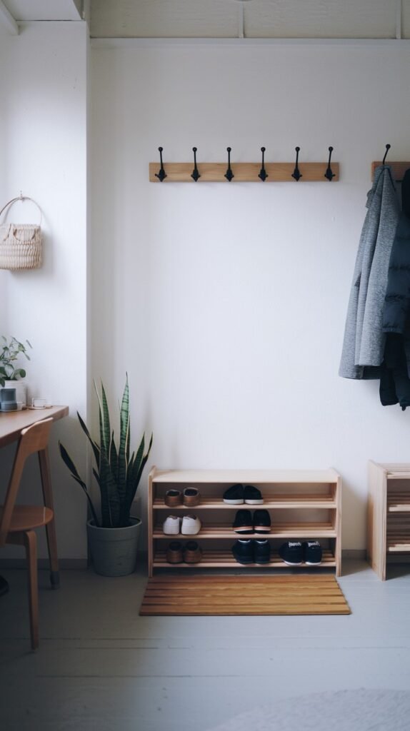 A minimalist Japandi entryway with white walls and a light grey floor, featuring a black multi-hook coat rack with a grey coat hanging, a tall potted snake plant, and a wooden two-tier shoe rack filled with shoes.