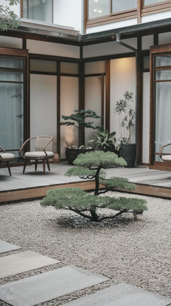 An elegant, minimalist Japandi garden courtyard with a meticulously shaped small tree centered in a gravel bed. Wooden decking and traditional-style sliding glass doors frame the garden, showcasing a harmonious Japandi aesthetic.