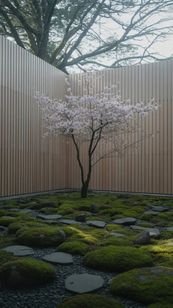A stunning, minimalist Japandi garden featuring a graceful blossoming cherry tree at its heart. The ground is covered in lush green moss interspersed with dark stepping stones, all enclosed by tall, natural wooden slat walls, forming a serene garden sanctuary.