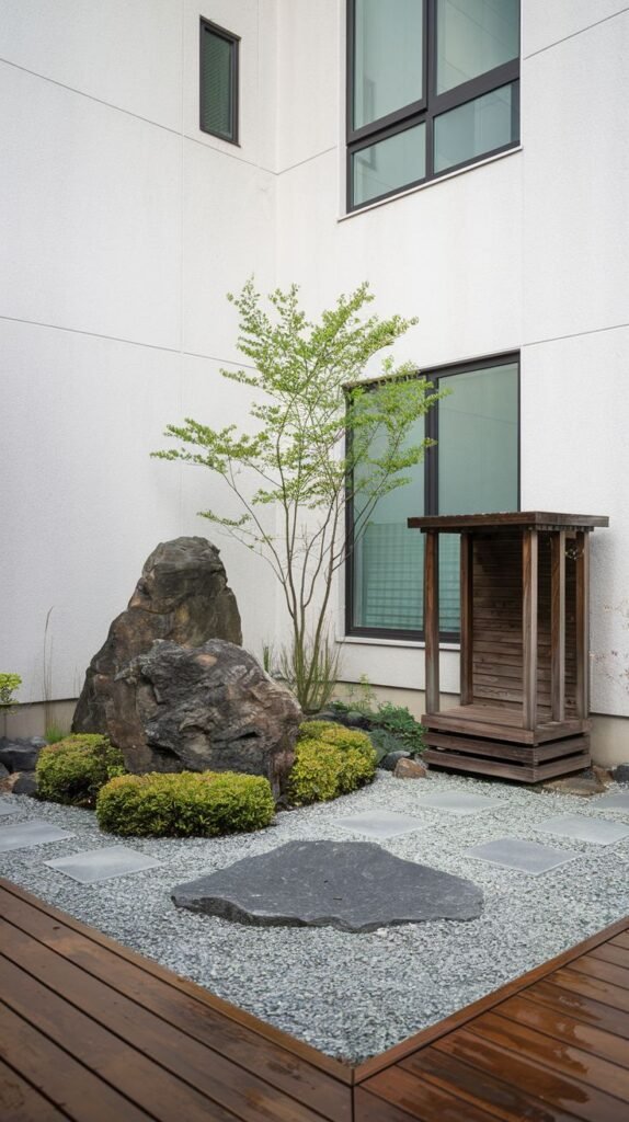 A tranquil, minimalist Japandi garden area featuring a large, textured rock, green shrubs, and a young tree. The ground is a mix of light gravel and wooden decking, with a small wooden structure in the corner, set against a modern white building, reflecting a thoughtful garden design.