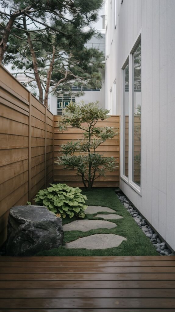 A narrow, inviting, minimalist Japandi garden with a wooden deck leading to a path of stepping stones over green turf. A large natural rock and a small tree with variegated leaves are nestled against a wooden fence, offering a secluded garden retreat.