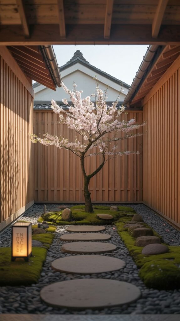An intimate, minimalist Japandi garden alley featuring a lovely blossoming cherry tree. A path of oval stepping stones leads through dark gravel and green moss, illuminated by a decorative lantern. Wooden walls enclose this charming and serene garden passage.
