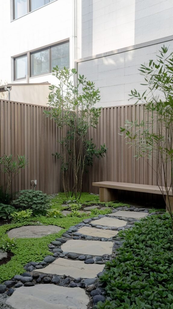 A winding path of stepping stones interspersed with dark pebbles through a lush, minimalist Japandi garden. Various low-growing green plants create a verdant carpet, with a simple wooden bench visible in the background against a wooden fence, offering a peaceful garden walk.