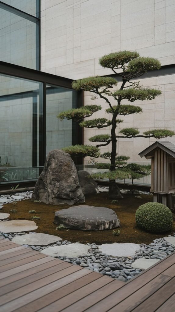 A beautifully composed, minimalist Japandi garden corner showcasing a magnificent tiered pine tree, a traditional stone lantern, and several natural rocks. The ground is a blend of moss, stepping stones, and light gravel, adjacent to a wooden deck, creating a picturesque garden view.