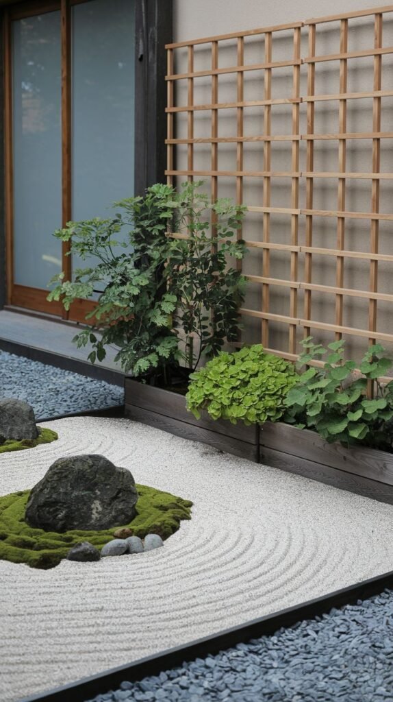 A meticulously designed, minimalist Japandi garden featuring a raked white sand area with a moss-covered rock, bordered by dark gravel. A raised planter box with green foliage and a tall wooden trellis complement the structured yet natural garden.