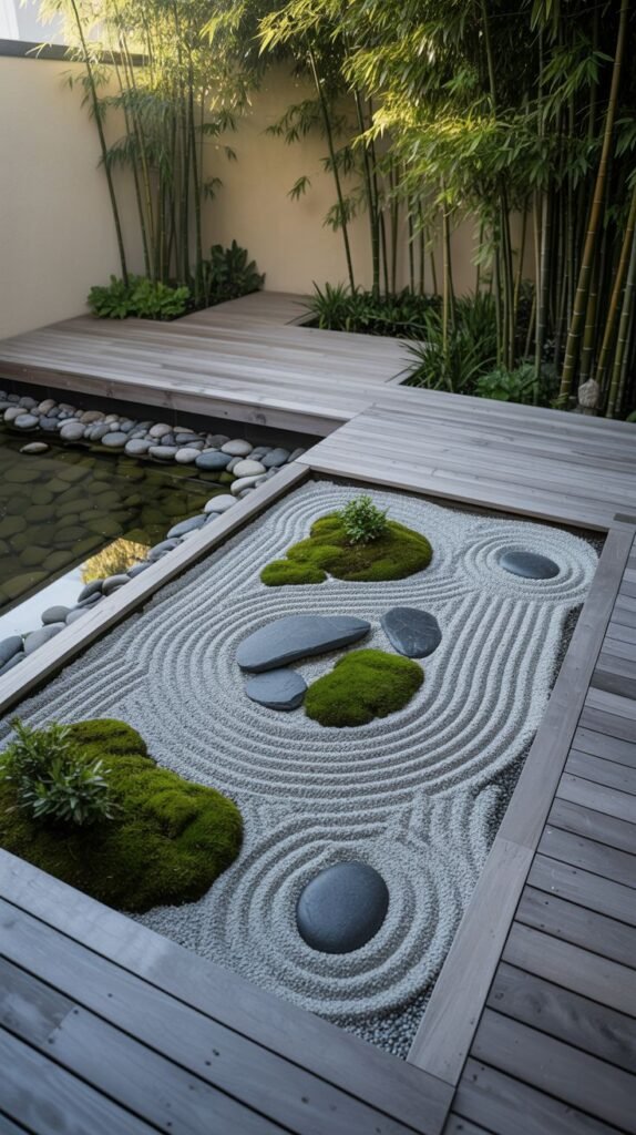 An impressive aerial view of a sprawling, minimalist Japandi garden with a large dry garden section featuring intricate raked sand patterns, diverse rocks, and islands of moss. This central feature is framed by extensive wooden decking and a serene pond, creating a comprehensive garden oasis.