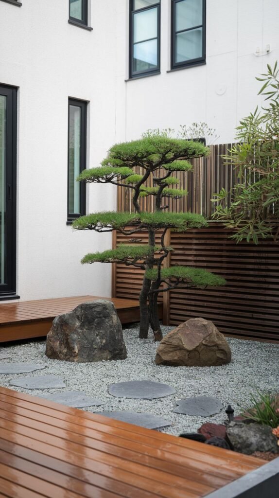 A striking, minimalist Japandi garden with a prominent, artfully shaped tiered pine tree. Large natural rocks and irregular stepping stones on light gravel are set alongside wooden decking and a dark wooden slat fence, defining a contemporary and sculptural garden.