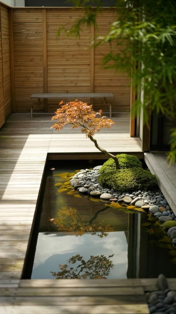 A captivating, minimalist Japandi garden featuring a long, reflective pond with a small, autumn-leafed tree growing from an island of rocks and moss. The pond is elegantly integrated into a large wooden deck, showcasing a tranquil water garden.