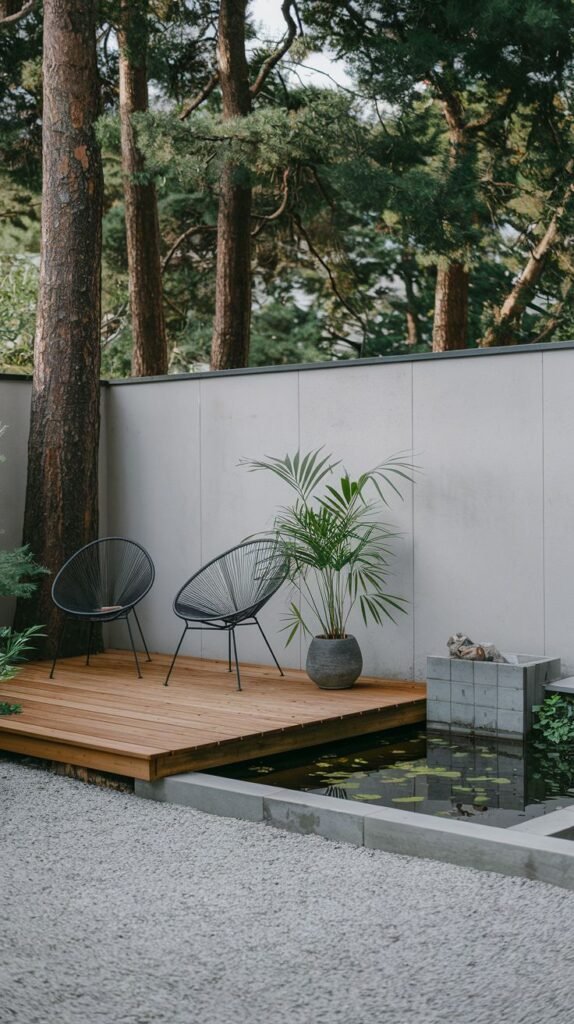 A modern, minimalist Japandi garden area featuring a wooden deck with two black wire chairs and a potted plant, alongside a dark pond with lily pads. Large trees and a clean concrete wall complete this contemporary garden design.