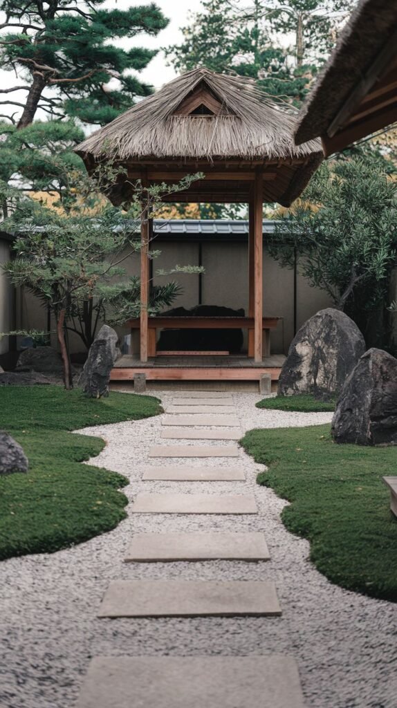 A serene path in a minimalist Japandi garden, with a series of rectangular stepping stones set in light gravel and bordered by green moss. The path leads to a traditional thatched-roof gazebo, flanked by large rocks and various trees, evoking a timeless garden atmosphere.