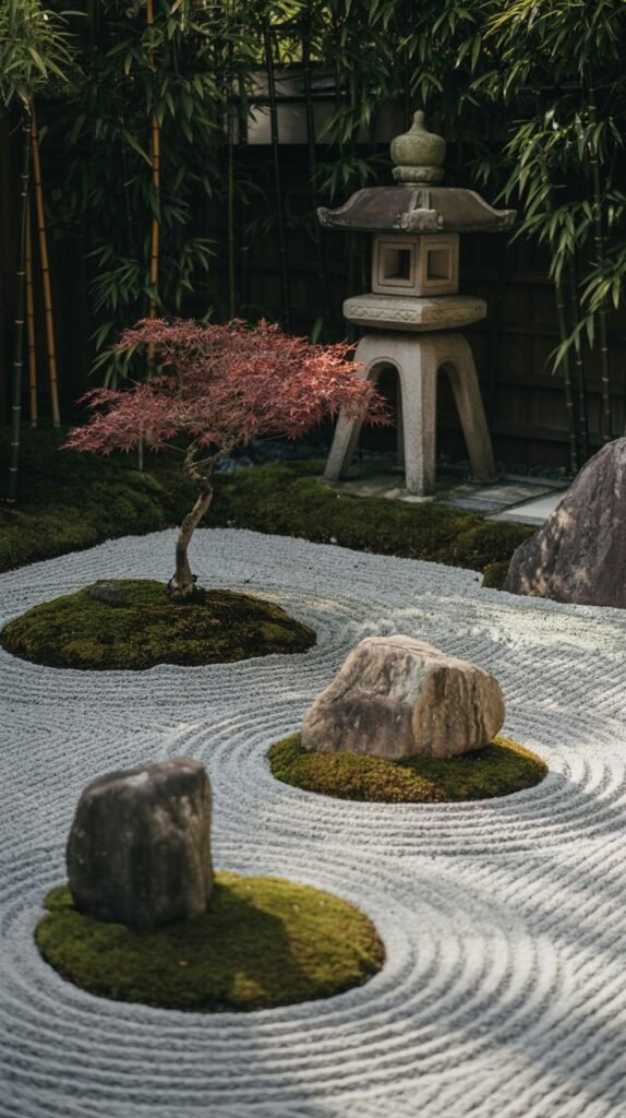 A classic, minimalist Japandi garden, often referred to as a dry zen garden, with meticulously raked white sand, large natural rocks adorned with moss, a small red-leafed tree, and a traditional stone lantern, exemplifying peace and harmony in the garden.