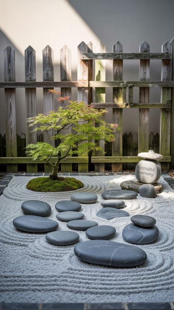 A charming, minimalist Japandi garden featuring a raked white sand bed with a pattern around smooth grey stepping stones. A small green-leafed maple tree sprouts from a mossy mound, and a container labeled "minimalist harmony" sits near a rustic wooden fence, embodying a peaceful garden concept.