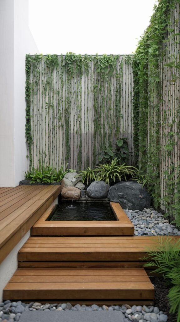 A compact, minimalist Japandi garden space with wooden steps leading down to a small, dark pond with a gentle water feature. The area is adorned with smooth rocks and lush green plants, backed by a vertical wooden slat wall covered in trailing vines, creating a private and intimate garden retreat.