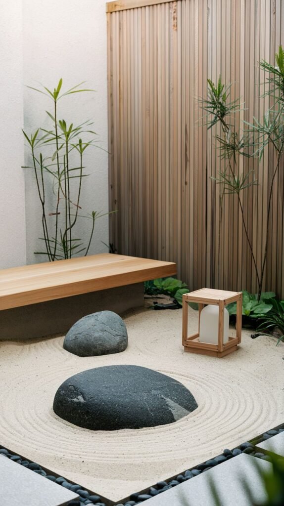 A serene, minimalist Japandi garden featuring raked white sand with circular patterns around two large dark rocks. A light wooden bench provides seating, complemented by vertical wooden paneling and slender green plants, creating a tranquil garden space.