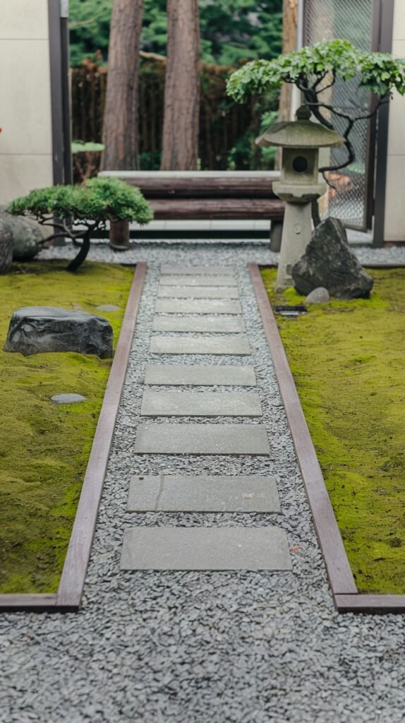 A tranquil path through a minimalist Japandi garden, composed of rectangular stepping stones set in light gravel, flanked by vibrant green moss. A traditional stone lantern and a small tree add character to this peaceful garden setting.