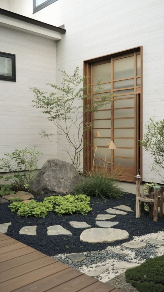 A corner of a sophisticated, minimalist Japandi garden showcasing a large natural rock amidst various green ground cover plants and irregular stepping stones on black gravel. A white textured wall with a prominent wooden-framed window defines this calming garden space.