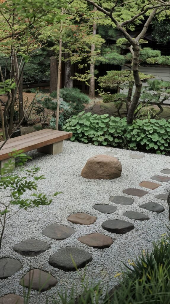 A peaceful, minimalist Japandi garden path featuring a series of irregularly shaped stepping stones laid over light-colored gravel. A large natural rock and a wooden bench are visible, surrounded by lush green foliage in this inviting garden scene.