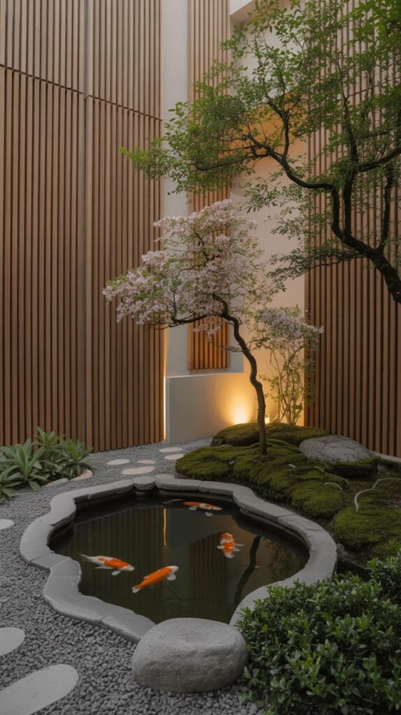 A beautiful, minimalist Japandi garden centered around a unique, kidney-shaped pond with orange koi fish. The pond is surrounded by grey pebbles and lush moss, with a delicate blossoming tree and a taller green tree, against a backdrop of warm wooden slat walls, creating a vibrant garden.