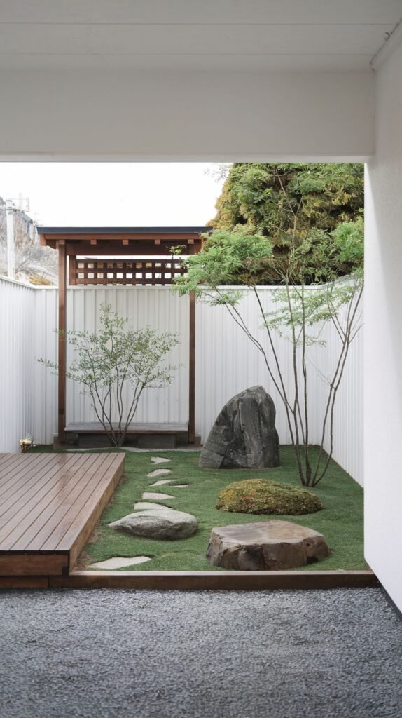 A clean, minimalist Japandi garden design featuring a wooden deck, a patch of neatly manicured green turf with stepping stones, and several large, natural rocks. Young, slender trees and white corrugated fencing complete this structured garden space.