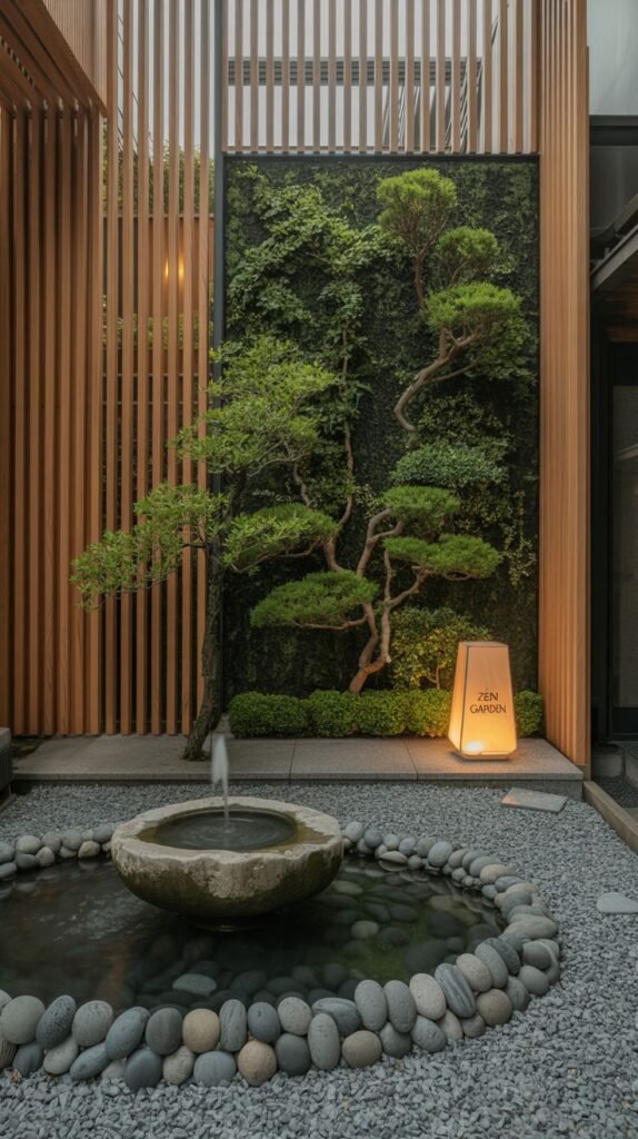A captivating, minimalist Japandi garden with a striking vertical green wall and a traditional stone fountain surrounded by smooth river stones. A beautifully sculpted tree and a glowing lantern marked "ZEN GARDEN" enhance the peaceful ambiance of this garden.