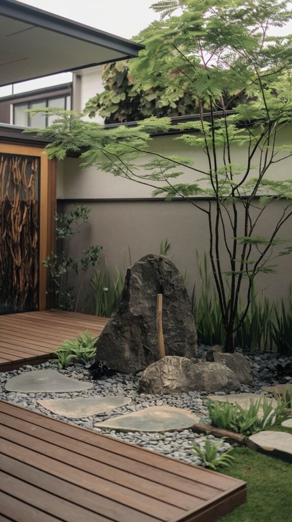 A contemporary, minimalist Japandi garden scene with expansive wooden decking, leading to a collection of irregular stepping stones on dark pebbles. A large, dark rock with a subtle water feature and various spiky plants define this artful garden.