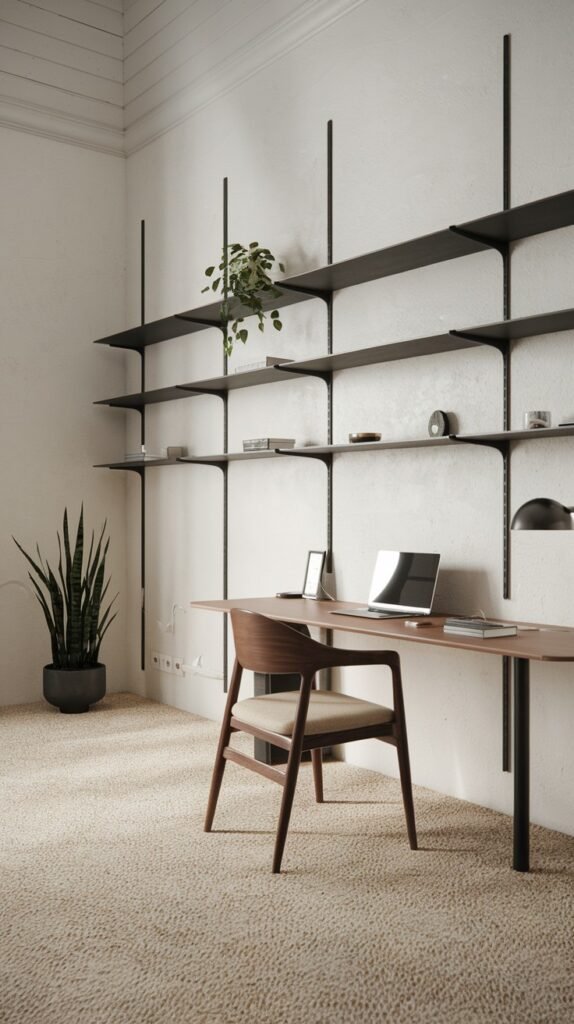 A minimalist home office with a Japandi aesthetic showcases a long wooden desk with a matching wooden chair and black-framed open shelving. A tall snake plant in a dark pot adds greenery, contributing to the calm and clean design.