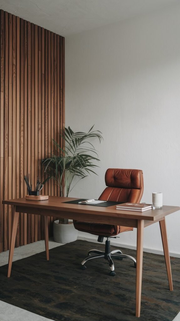 A modern minimalist office with a Japandi touch, featuring a simple wooden desk and a comfortable brown leather executive chair on a dark rug. A slatted wooden accent wall and a large potted plant introduce natural textures, creating a warm yet uncluttered environment.