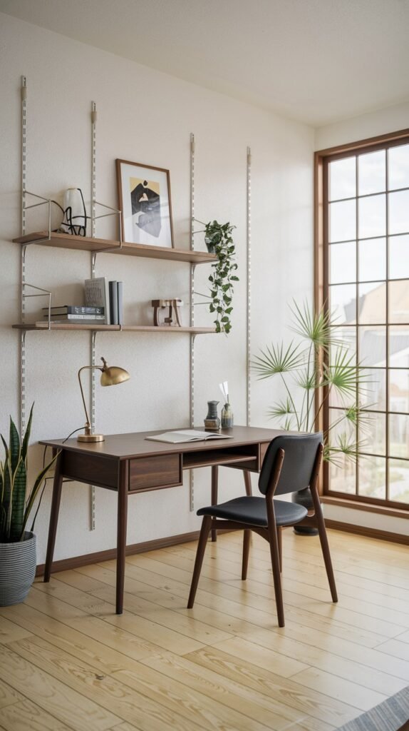 A well-lit Japandi minimalist study space with a dark wooden desk and a matching chair, set against a large window. Wall-mounted open shelving displays decorative items and books. A tall potted plant adds a natural element to this calm and functional area.