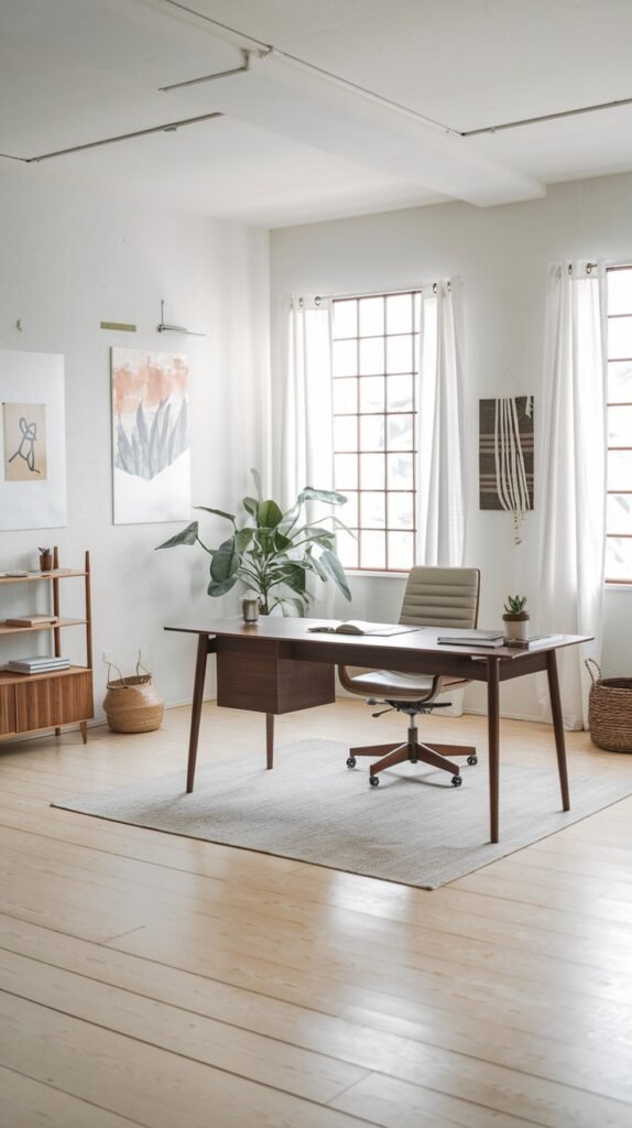 A bright and open Japandi minimalist office space features a large dark wooden desk with a beige ergonomic chair centered on a light rug. A wooden bookshelf, large potted plant, and subtle wall art contribute to the tranquil and uncluttered atmosphere.
