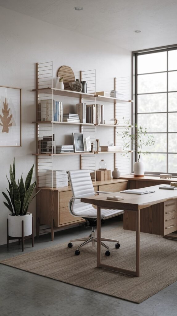 A modern Japandi minimalist office with an L-shaped light wooden desk and a white ergonomic chair. Extensive white metal and wood open shelving holds books and decor. A large snake plant and a large window enhance the bright and airy feel.