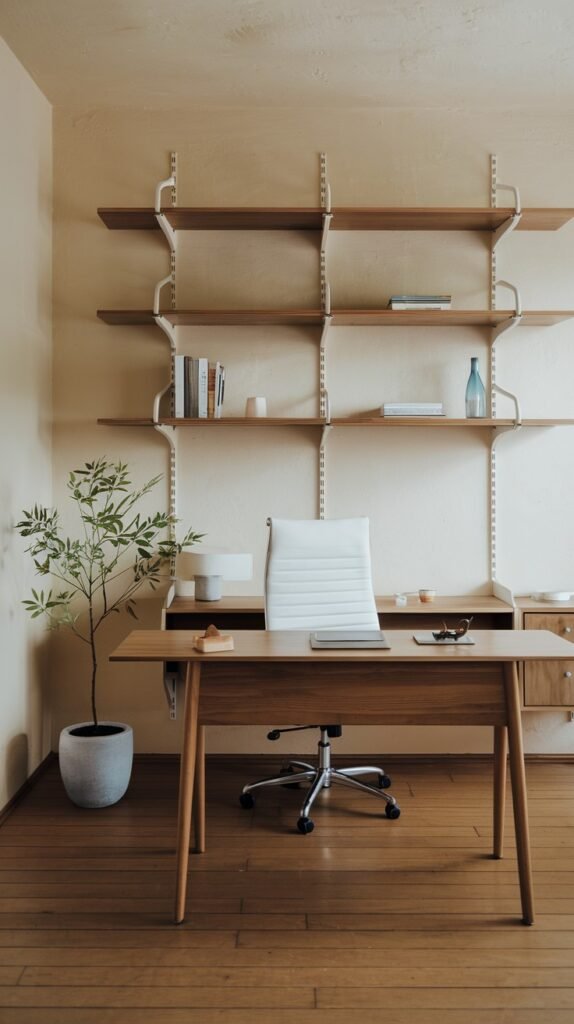 A clean Japandi-inspired minimalist home office features a light wooden desk with a white ergonomic chair and open shelving above. A tall potted plant on the left and minimal decor maintain a serene and uncluttered aesthetic.