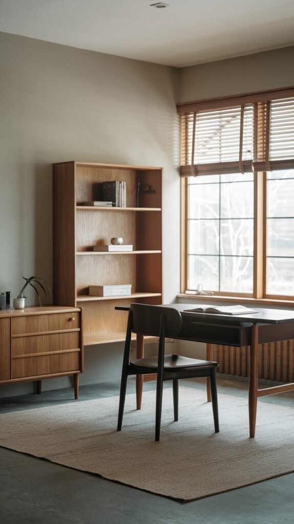 A Japandi minimalist home office in a neutral-toned room with a dark wooden desk and a black chair. A light wooden bookshelf and a matching side cabinet provide storage. A large window with wooden blinds brings in natural light, enhancing the simple and functional design.
