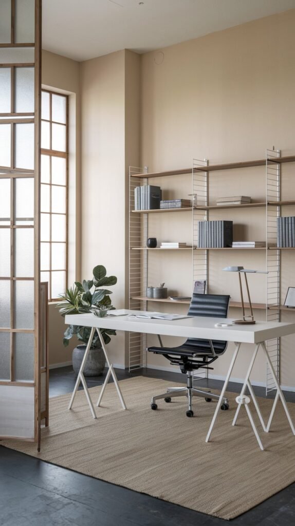 A contemporary Japandi minimalist workspace with a sleek white trestle desk and a black ergonomic office chair. White wall-mounted open shelving filled with books creates a functional backdrop against a light beige wall. A large potted plant adds a touch of nature to the refined space.