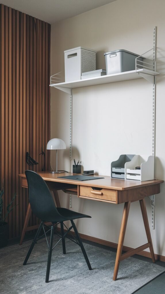 A Japandi-style minimalist desk area featuring a light wooden desk with a single drawer and a black chair. White wall shelves above hold storage boxes and office organizers. A slatted wooden wall panel and a small plant complement the clean and efficient design.