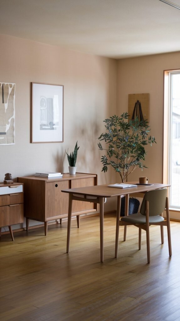 A Japandi minimalist room setup with a light wooden table and an olive green chair, possibly a secondary workspace or a dining area. A wooden credenza and a large potted plant are visible, all contributing to a warm, natural, and uncluttered aesthetic.