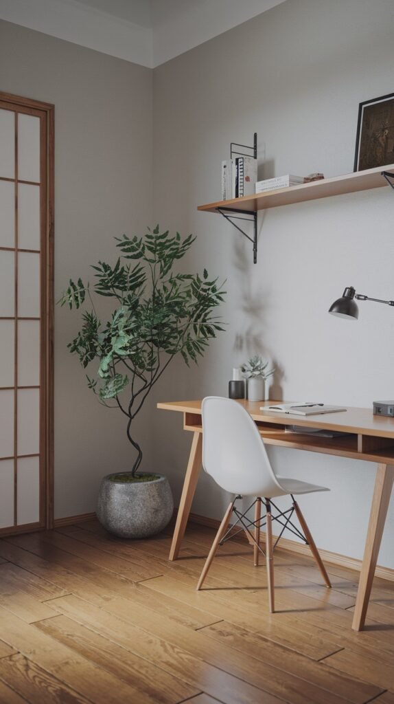 A serene Japandi minimalist workspace located in a corner, featuring a light wooden trestle desk and a white chair. A single wooden shelf above the desk holds a few items, while a tall potted tree adds a striking natural element. Shoji screen doors contribute to the Asian influence.