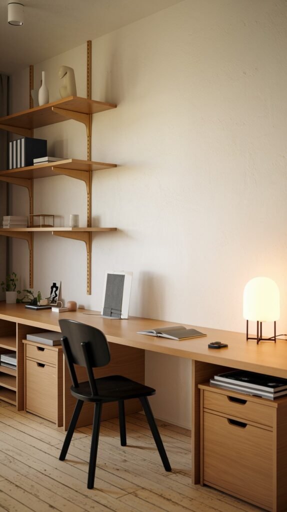 A brightly lit Japandi-style minimalist workspace features a light wooden desk with integrated drawers and matching tall wooden shelving units. A black chair, a modern white table lamp, and simple decor create a neat and inviting environment.