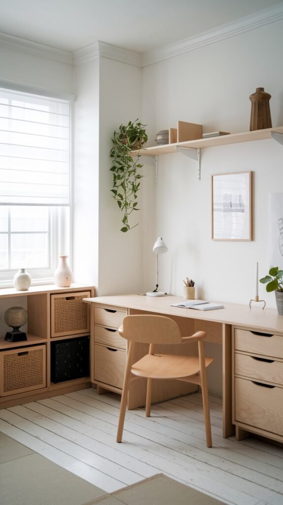 A bright and airy Japandi minimalist home office with a light wooden L-shaped desk and matching drawer units. Open shelving above is sparsely decorated, and a light wooden chair is positioned at the corner. The white floorboards and light overall palette enhance the clean, tranquil feel.