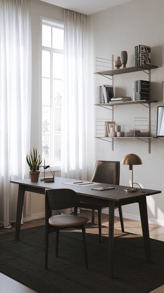 A dark-toned Japandi minimalist office setup featuring a dark wooden desk with a black and a brown chair. White metal and wood open shelving with books and decor are mounted on the wall. Large white curtains flank a window, contributing to the calm and sophisticated ambiance.