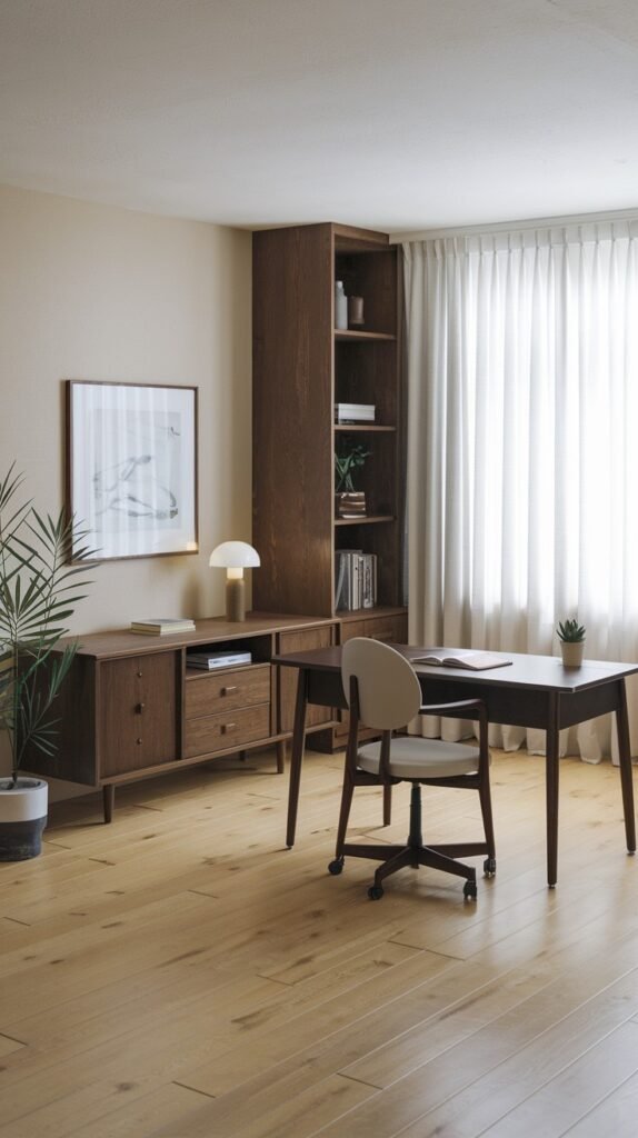 A sophisticated Japandi minimalist office space with a dark wooden desk and a beige ergonomic chair. A tall wooden bookshelf and a matching side cabinet are visible. Light-colored wooden floorboards and sheer white curtains add to the soft, uncluttered aesthetic.