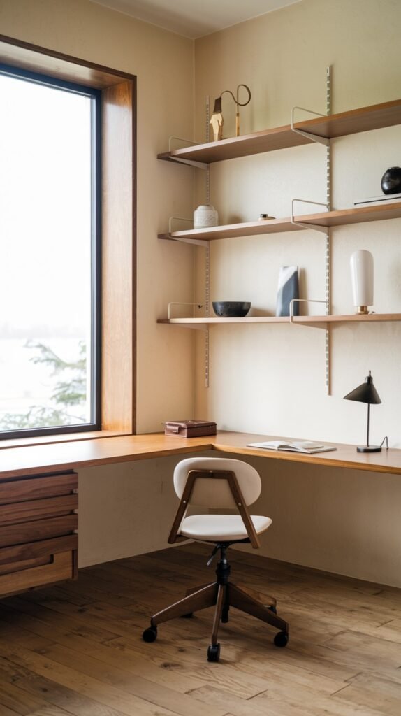 A Japandi-inspired minimalist corner desk setup crafted from light wood, with built-in drawers under a window. Open wooden shelves above hold simple decor. A white rolling office chair provides comfortable seating in this bright and organized workspace.