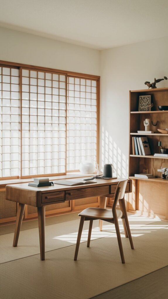 A spacious Japandi minimalist home office with a light wooden desk featuring multiple drawers and a matching wooden chair. A large shoji screen wall and a light wooden bookshelf contribute to the serene and culturally influenced design.