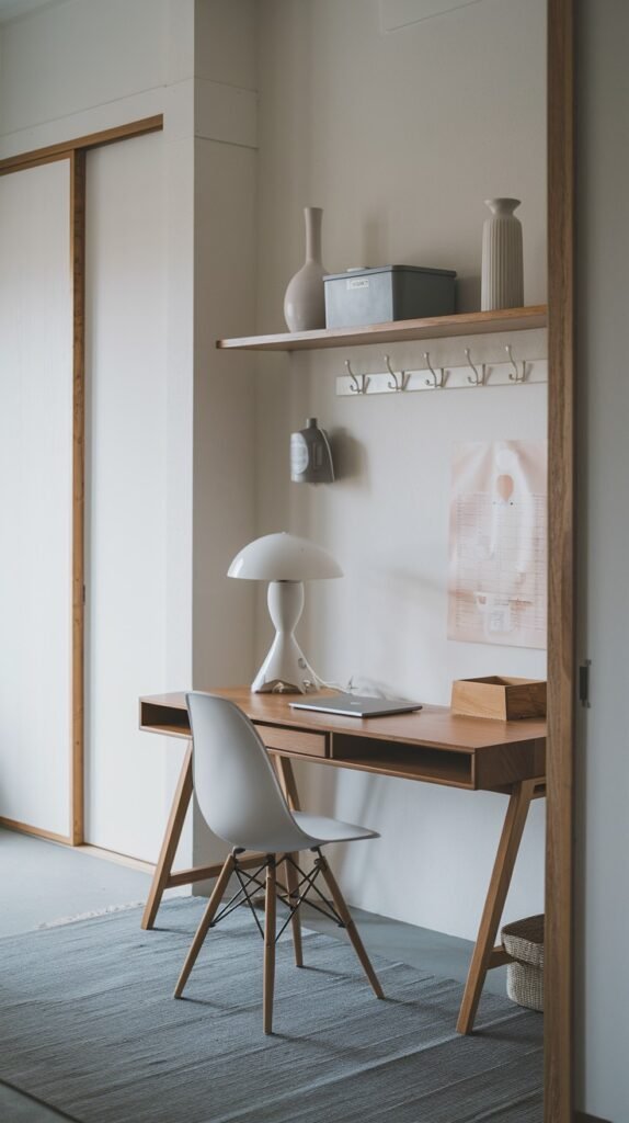 A clean and inviting Japandi minimalist desk area with a light wooden trestle desk and a white chair. A single wooden shelf above is complemented by wall hooks. A light-colored rug and sliding doors maintain the simple and functional aesthetic.