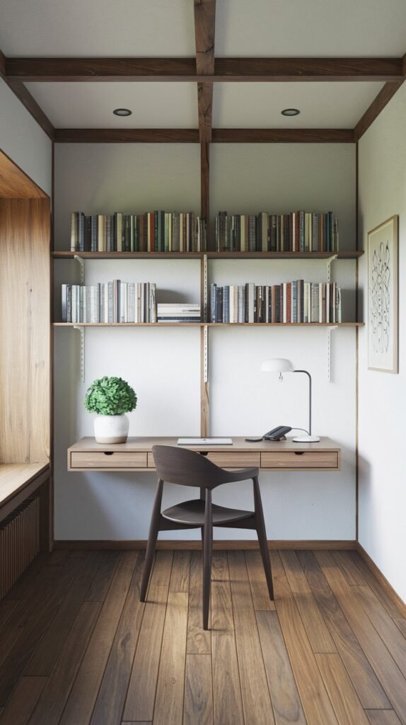 A cozy Japandi minimalist study nook featuring a light wooden floating desk and a dark wooden chair. Multiple levels of open wooden shelving are filled with books, reaching up to exposed wooden beams on the ceiling, creating a warm and inviting atmosphere.