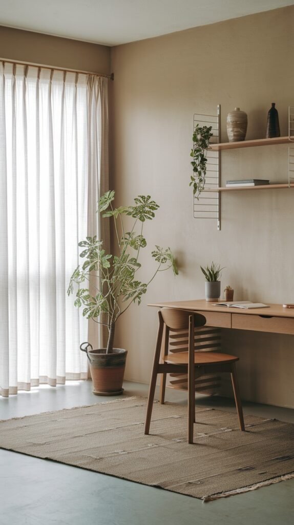 A warm Japandi minimalist workspace with a light wooden desk and a matching wooden chair. Open shelves with minimalist decor and a hanging plant adorn the wall. A large potted plant near a full-length curtained window adds to the serene and natural environment.