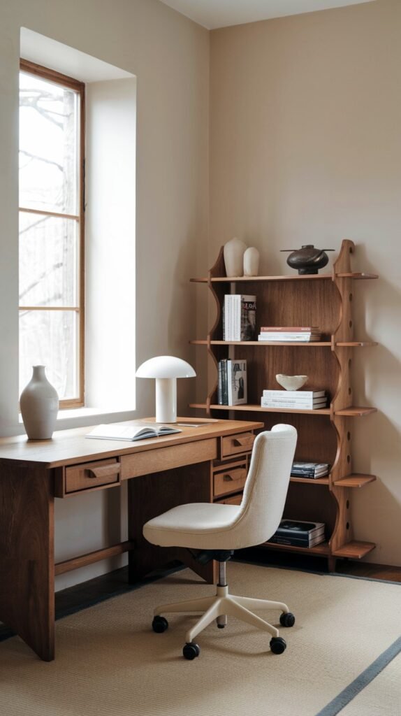 A bright Japandi minimalist office corner with a light wooden desk and an upholstered rolling chair. A unique multi-tiered wooden bookshelf holds books and decorative objects. A large window provides ample natural light, enhancing the peaceful and organized atmosphere.