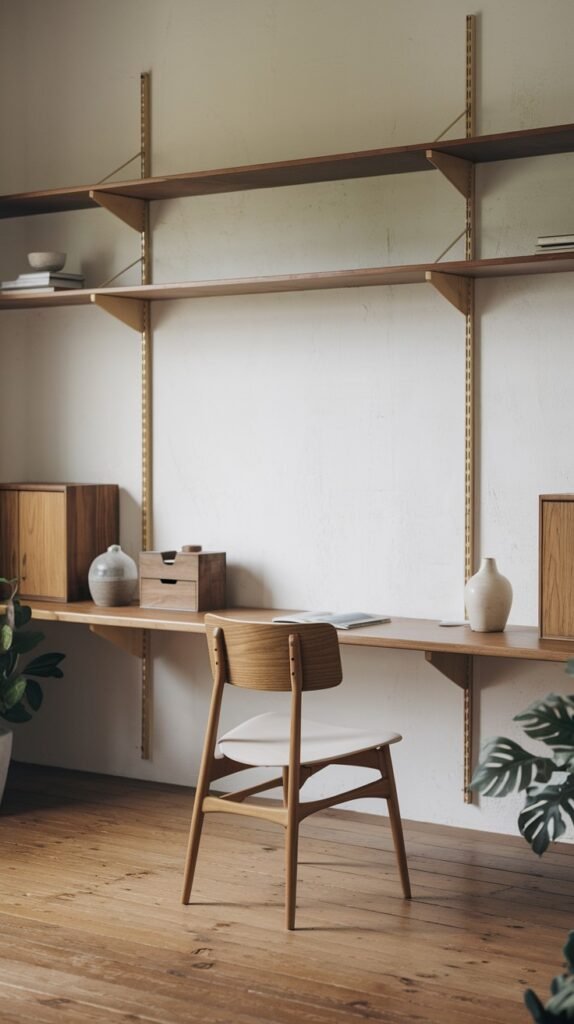A Japandi-inspired minimalist study room with warm wooden floorboards. A wooden desk is integrated with light-toned open shelving, displaying minimal decor. A wooden chair with a light seat pad is positioned in front, highlighting the clean lines and natural materials.