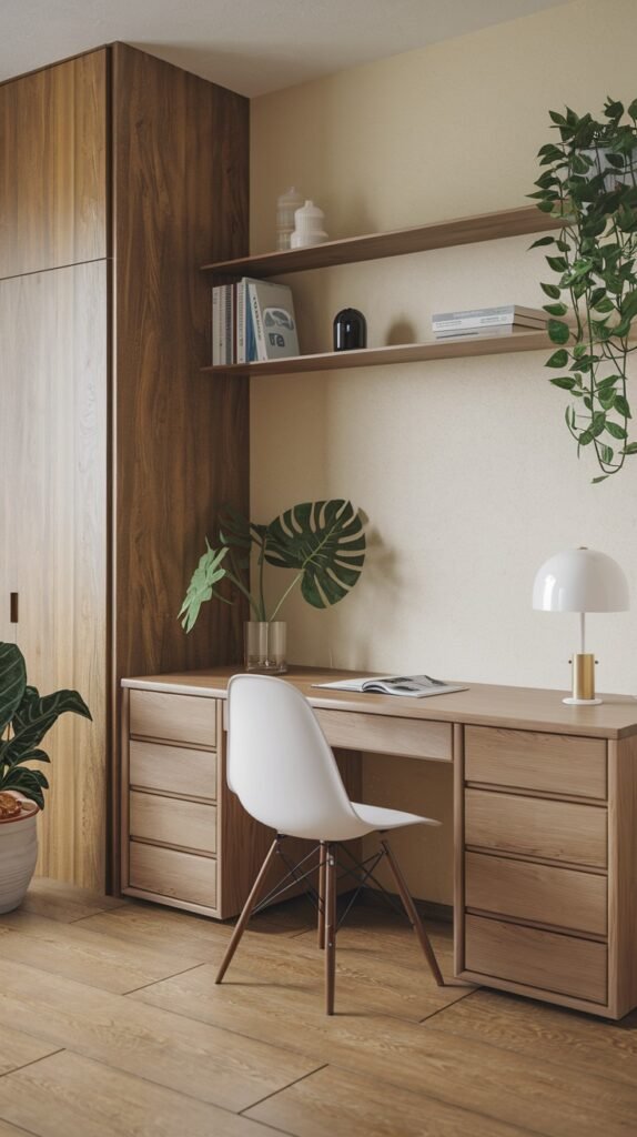 A Japandi minimalist office space featuring a light wooden desk with multiple integrated drawers and a white chair. A wooden wardrobe and a long wooden shelf above the desk are visible. A large monstera plant adds a vibrant touch of greenery to the clean design.